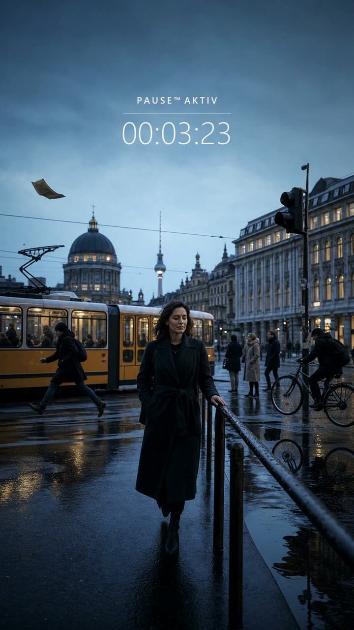 Standbild aus dem Spot: eine Frau steht in einer stillstehenden
                Großstadtkreuzung, über ihr die Anzeige PAUSE AKTIV 00:03:23.